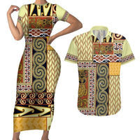 Yellow Aotearoa Kowhaiwhai Pattern Couples Matching Short Sleeve Bodycon Dress and Hawaiian Shirt NZ Maori Quilt Style