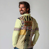 Yellow Aotearoa Kowhaiwhai Pattern Long Sleeve Polo Shirt NZ Maori Quilt Style