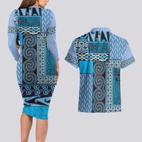 Blue Aotearoa Kowhaiwhai Pattern Couples Matching Long Sleeve Bodycon Dress and Hawaiian Shirt NZ Maori Quilt Style