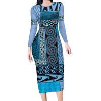 Blue Aotearoa Kowhaiwhai Pattern Family Matching Long Sleeve Bodycon Dress and Hawaiian Shirt NZ Maori Quilt Style LT14 Mom's Dress Blue - Polynesian Pride