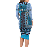 Blue Aotearoa Kowhaiwhai Pattern Family Matching Long Sleeve Bodycon Dress and Hawaiian Shirt NZ Maori Quilt Style LT14 - Polynesian Pride