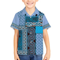Blue Aotearoa Kowhaiwhai Pattern Family Matching Long Sleeve Bodycon Dress and Hawaiian Shirt NZ Maori Quilt Style LT14 Son's Shirt Blue - Polynesian Pride