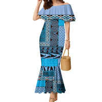 Blue Aotearoa Kowhaiwhai Pattern Family Matching Mermaid Dress and Hawaiian Shirt NZ Maori Quilt Style