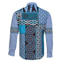 Blue Aotearoa Kowhaiwhai Pattern Family Matching Off The Shoulder Long Sleeve Dress and Hawaiian Shirt NZ Maori Quilt Style