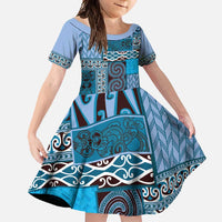 Blue Aotearoa Kowhaiwhai Pattern Family Matching Short Sleeve Bodycon Dress and Hawaiian Shirt NZ Maori Quilt Style LT14 Daughter's Dress Blue - Polynesian Pride