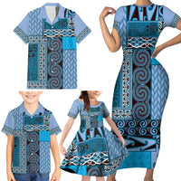 Blue Aotearoa Kowhaiwhai Pattern Family Matching Short Sleeve Bodycon Dress and Hawaiian Shirt NZ Maori Quilt Style LT14 - Polynesian Pride