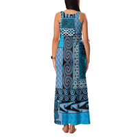 Blue Aotearoa Kowhaiwhai Pattern Family Matching Tank Maxi Dress and Hawaiian Shirt NZ Maori Quilt Style