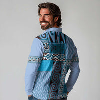 Blue Aotearoa Kowhaiwhai Pattern Long Sleeve Polo Shirt NZ Maori Quilt Style