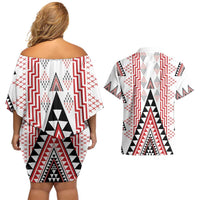 Aotearoa Taniko Couples Matching Off Shoulder Short Dress and Hawaiian Shirt Niho Taniwha Purapura Whetu Mix Poutama