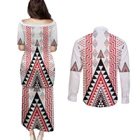 Aotearoa Taniko Couples Matching Puletasi and Long Sleeve Button Shirt Niho Taniwha Purapura Whetu Mix Poutama
