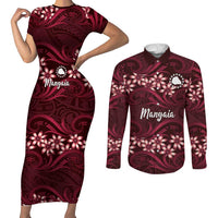 Personalised Cook Islands Mangaia Couples Matching Short Sleeve Bodycon Dress and Long Sleeve Button Shirt Tiare Maori Polynesian Waves Tattoo LT14 Burgundy - Polynesian Pride