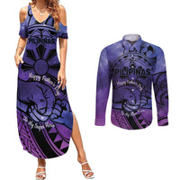 Philippines Father's Day Couples Matching Summer Maxi Dress and Long Sleeve Button Shirt Polynesian Tattoo Galaxy Vibes LT14 Blue - Polynesian Pride