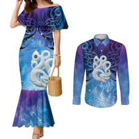 New Zealand Matariki Couples Matching Mermaid Dress and Long Sleeve Button Shirt Aotearoa Maori New Year Manaia Galaxy Vibes LT14 Blue - Polynesian Pride