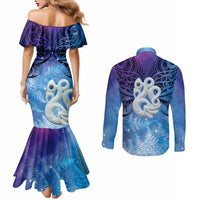 New Zealand Matariki Couples Matching Mermaid Dress and Long Sleeve Button Shirt Aotearoa Maori New Year Manaia Galaxy Vibes LT14 - Polynesian Pride