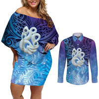 New Zealand Matariki Couples Matching Off Shoulder Short Dress and Long Sleeve Button Shirt Aotearoa Maori New Year Manaia Galaxy Vibes LT14 Blue - Polynesian Pride