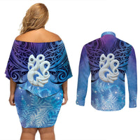 New Zealand Matariki Couples Matching Off Shoulder Short Dress and Long Sleeve Button Shirt Aotearoa Maori New Year Manaia Galaxy Vibes LT14 - Polynesian Pride
