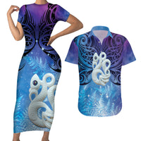 New Zealand Matariki Couples Matching Short Sleeve Bodycon Dress and Hawaiian Shirt Aotearoa Maori New Year Manaia Galaxy Vibes LT14 Blue - Polynesian Pride