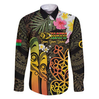 Personalised Vanuatu Independence Day Family Matching Mermaid Dress and Hawaiian Shirt Carving Drum Sand Drawing Turtle LT14 Dad's Shirt - Long Sleeve Black - Polynesian Pride
