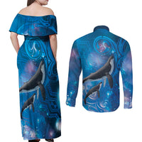 Paikea New Zealand Matariki Couples Matching Off Shoulder Maxi Dress and Long Sleeve Button Shirt Humpback Whale Taniko Motifs Ocean Vibes LT14 - Polynesian Pride