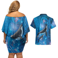 Paikea New Zealand Matariki Couples Matching Off Shoulder Short Dress and Hawaiian Shirt Humpback Whale Taniko Motifs Ocean Vibes LT14 - Polynesian Pride