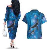 Paikea New Zealand Matariki Couples Matching Off The Shoulder Long Sleeve Dress and Hawaiian Shirt Humpback Whale Taniko Motifs Ocean Vibes LT14 - Polynesian Pride