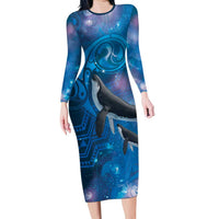 Paikea New Zealand Matariki Family Matching Long Sleeve Bodycon Dress and Hawaiian Shirt Humpback Whale Taniko Motifs Ocean Vibes LT14 Mom's Dress Blue - Polynesian Pride
