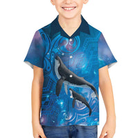 Paikea New Zealand Matariki Family Matching Long Sleeve Bodycon Dress and Hawaiian Shirt Humpback Whale Taniko Motifs Ocean Vibes LT14 Son's Shirt Blue - Polynesian Pride