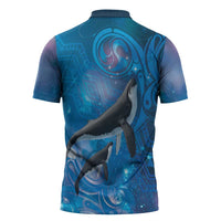 Paikea New Zealand Matariki Zipper Polo Shirt Humpback Whale Taniko Motifs Ocean Vibes LT14 - Polynesian Pride