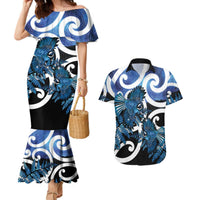 Piwakawaka New Zealand Matariki Couples Matching Mermaid Dress and Hawaiian Shirt Maori New Year Silver Fern Blue Galaxy LT14 Blue - Polynesian Pride