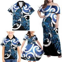 Piwakawaka New Zealand Matariki Family Matching Off Shoulder Maxi Dress and Hawaiian Shirt Maori New Year Silver Fern Blue Galaxy LT14 - Polynesian Pride