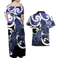 Piwakawaka New Zealand Matariki Couples Matching Off Shoulder Maxi Dress and Hawaiian Shirt Maori New Year Silver Fern Purple Galaxy LT14 - Polynesian Pride