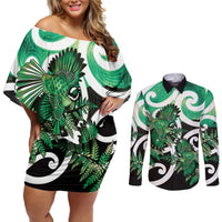 Piwakawaka New Zealand Matariki Couples Matching Off Shoulder Short Dress and Long Sleeve Button Shirt Maori New Year Silver Fern Green Galaxy LT14 Green - Polynesian Pride