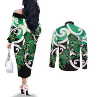Piwakawaka New Zealand Matariki Couples Matching Off The Shoulder Long Sleeve Dress and Long Sleeve Button Shirt Maori New Year Silver Fern Green Galaxy LT14 - Polynesian Pride