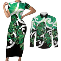 Piwakawaka New Zealand Matariki Couples Matching Short Sleeve Bodycon Dress and Long Sleeve Button Shirt Maori New Year Silver Fern Green Galaxy LT14 Green - Polynesian Pride