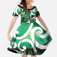 Piwakawaka New Zealand Matariki Family Matching Off The Shoulder Long Sleeve Dress and Hawaiian Shirt Maori New Year Silver Fern Green Galaxy LT14 Daughter's Dress Green - Polynesian Pride