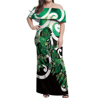 Piwakawaka New Zealand Matariki Off Shoulder Maxi Dress Maori New Year Silver Fern Green Galaxy LT14 Women Green - Polynesian Pride