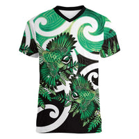Piwakawaka New Zealand Matariki Women V-Neck T-Shirt Maori New Year Silver Fern Green Galaxy LT14 Female Green - Polynesian Pride