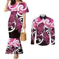 Piwakawaka New Zealand Matariki Couples Matching Mermaid Dress and Long Sleeve Button Shirt Maori New Year Silver Fern Pink Galaxy