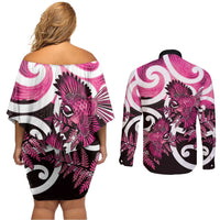 Piwakawaka New Zealand Matariki Couples Matching Off Shoulder Short Dress and Long Sleeve Button Shirt Maori New Year Silver Fern Pink Galaxy LT14 - Polynesian Pride