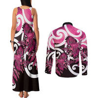Piwakawaka New Zealand Matariki Couples Matching Tank Maxi Dress and Long Sleeve Button Shirt Maori New Year Silver Fern Pink Galaxy LT14 - Polynesian Pride