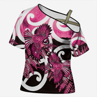 Piwakawaka New Zealand Matariki Cross Shoulder Shirt Maori New Year Silver Fern Pink Galaxy