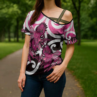Piwakawaka New Zealand Matariki Cross Shoulder Shirt Maori New Year Silver Fern Pink Galaxy