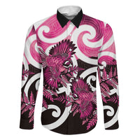 Piwakawaka New Zealand Matariki Family Matching Off The Shoulder Long Sleeve Dress and Hawaiian Shirt Maori New Year Silver Fern Pink Galaxy LT14 Dad's Shirt - Long Sleeve Pink - Polynesian Pride