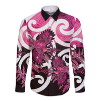 Piwakawaka New Zealand Matariki Long Sleeve Button Shirt Maori New Year Silver Fern Pink Galaxy LT14 Unisex Pink - Polynesian Pride