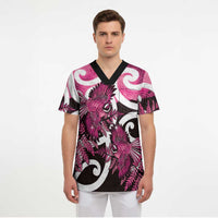 Piwakawaka New Zealand Matariki Scrub Top Maori New Year Silver Fern Pink Galaxy