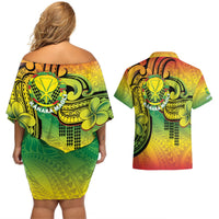 Hawaii Flag Day Couples Matching Off Shoulder Short Dress and Hawaiian Shirt Kanaka Maoli With Kakau Polynesian Pattern LT14