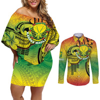 Hawaii Flag Day Couples Matching Off Shoulder Short Dress and Long Sleeve Button Shirt Kanaka Maoli With Kakau Polynesian Pattern LT14 Green - Polynesian Pride
