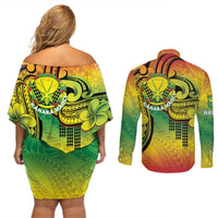 Hawaii Flag Day Couples Matching Off Shoulder Short Dress and Long Sleeve Button Shirt Kanaka Maoli With Kakau Polynesian Pattern LT14 - Polynesian Pride