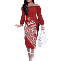 Tonga Rugby Custom Off The Shoulder Long Sleeve Dress Go ʻIkale Tahi Go Tongan Tapa Cloth