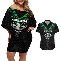 Personalised Aotearoa Rugby Couples Matching Off Shoulder Short Dress and Hawaiian Shirt New Zealand Maori Kete Matauranga Pattern